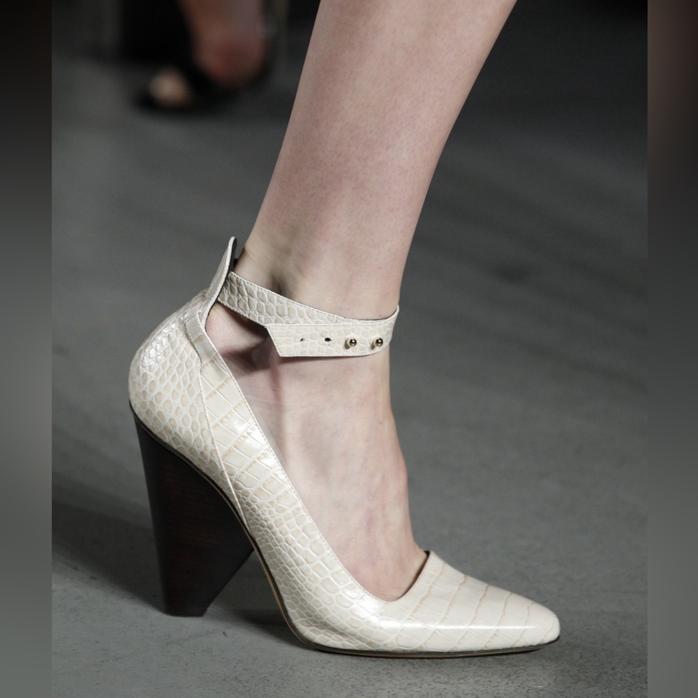 Derek Lam RTW Natural Embossed Croc Leather Tarin Ankle Strap Pump